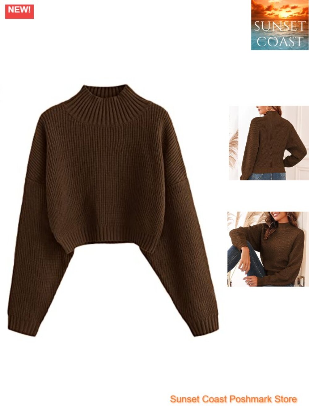 Cropped Turtleneck Sweater Lantern Sleeve Ribbed Knit Pullover